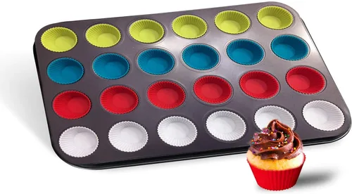 Miniatura 2 de Baketivity Molde para magdalenas de 12 tazas con forros de silicona multicolor para magdalenas, sartén antiadherente de acero al carbono de alta