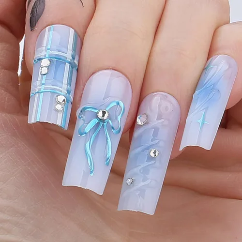 Miniatura 21 de Uñas postizas largas a presión, cuadradas, francesas, nude, rosa, lazo de lujo y diamantes de imitación de flores 3D, 24 unidades, uñas brillantes