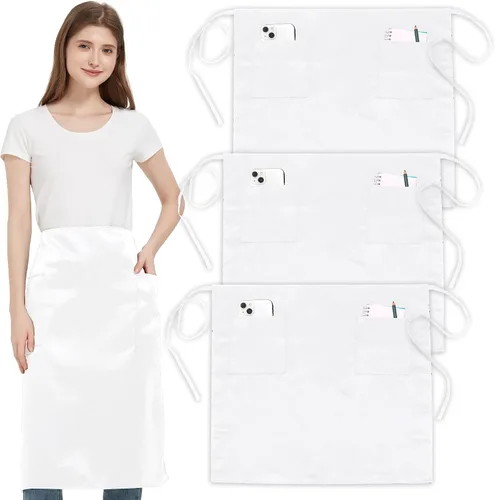 Miniatura 20 de Paquete de 3 delantales de cintura con 3 bolsillos, delantales de camarero unisex negros, delantales resistentes al agua para restaurante, chef y bar