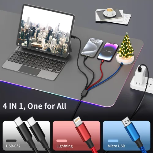 Miniatura 3 de Paquete de 2 cables de carga múltiple dual tipo C 4 en 1 de 6 pies para múltiples dispositivos con 2 puertos USB-C/IP/micro, cable USB de carga