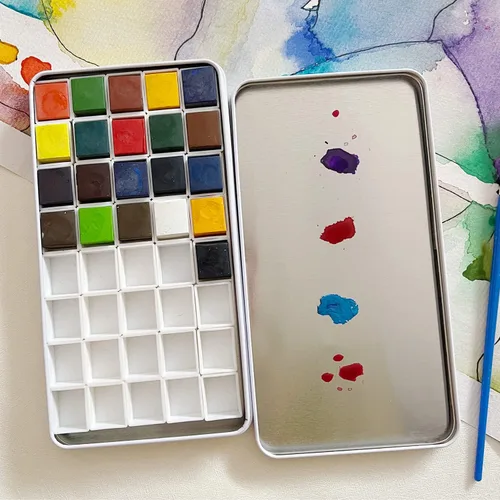 Miniatura 5 de Paleta de acuarela para pintura con 40 piezas de plástico blanco vacío para acuarela media cacerola con cuadrados magnéticos, paleta de pintura