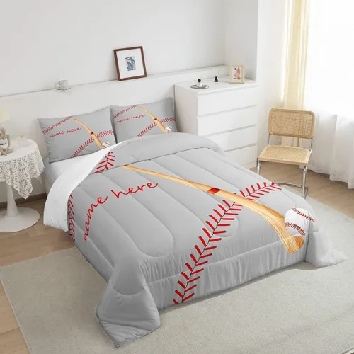 Miniatura 4 de Juego de ropa de cama con relleno de edredón de béisbol, juego de cama de juego de pelota individual para niños, adolescentes, bates, juego