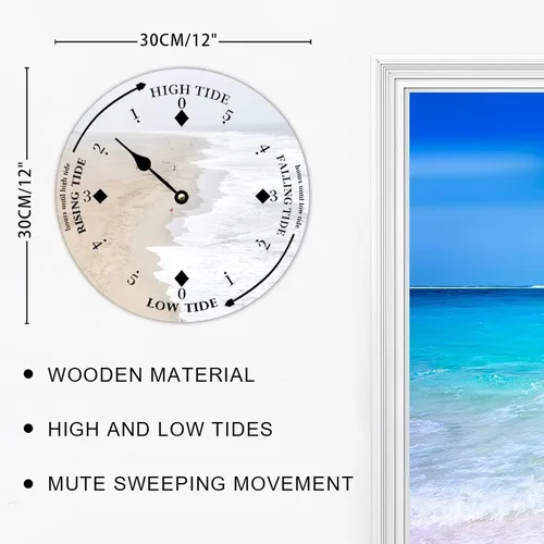 Miniatura 2 de Reloj de marea de madera, olas blancas y playa, costa este, océano Atlántico, reloj de marea de madera con marea alta y baja, reloj vintage