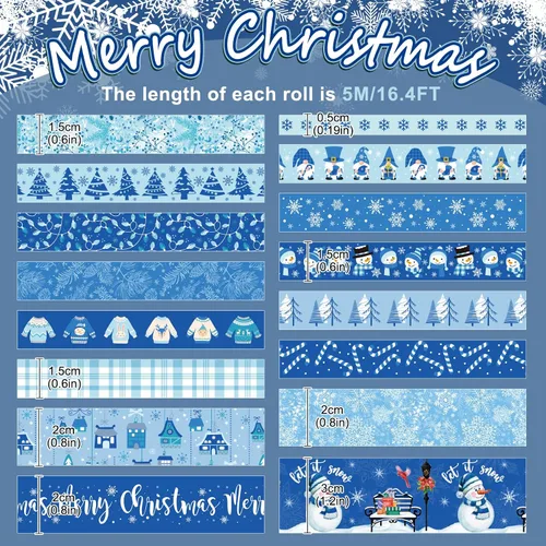 Miniatura 2 de Whaline 16 rollos de cinta Washi de invierno, 4 tamaños, cinta adhesiva Washi azul para Navidad, copo de nieve, muñeco de nieve, papel decorativo