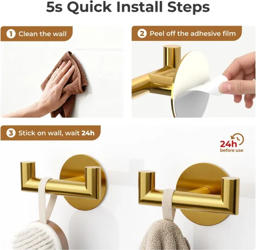 Miniatura 6 de GWAAZXGZ Paquete de 2 ganchos de baño dorados cepillados para toallas, ganchos dobles autoadhesivos para pared, sin taladrar, acero inoxidable 304