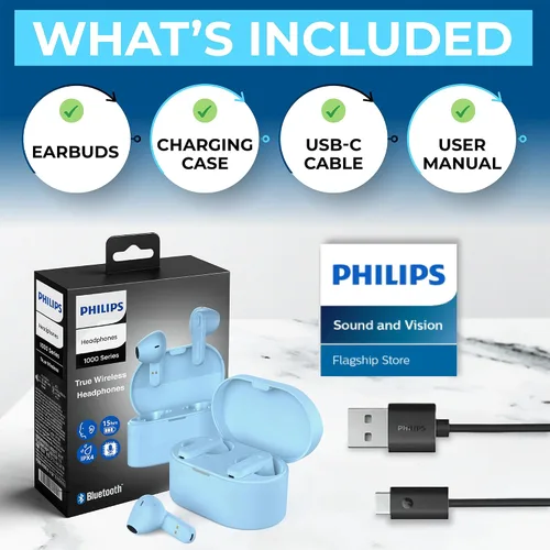 Miniatura 8 de PHILIPS Auriculares inalámbricos verdaderos, auriculares TWS Bluetooth 5.3, controladores de 0.512 in, micrófono AI para llamadas claras, IPX4 Azul