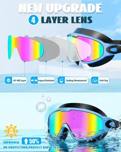 Miniatura 8 de Aegend Nuevo paquete de 2 gafas de natación de visión amplia para niños, gafas antivaho/anti-UV sin fugas con tapones para los oídos para niños de 3