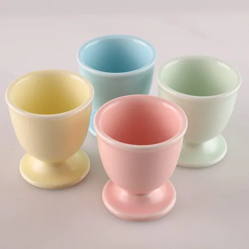 Miniatura 4 de Juego de tapas de cerámica para huevos duros y suaves, incluye 1 cortador de huevos, 4 tazas de cerámica y 4 cucharas (juego de galletas de huevo)