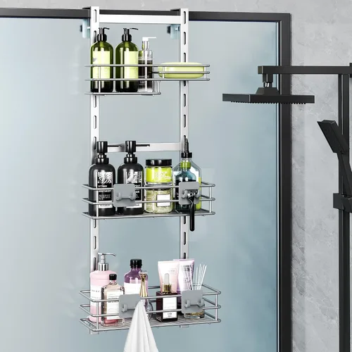 Miniatura 14 de Orimade Organizador de Ducha Sobre la Puerta Ajustable de 3 Niveles Negro, Estante Colgante para Baño a Prueba de Óxido con 4 Ganchos, Organizador