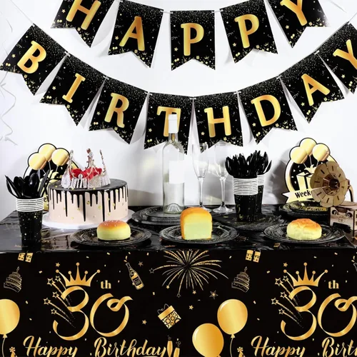 Miniatura 2 de Remagr Paquete de 3 manteles de 30.º cumpleaños, manteles desechables de plástico 1995, manteles rectangulares negros y dorados para decoraciones