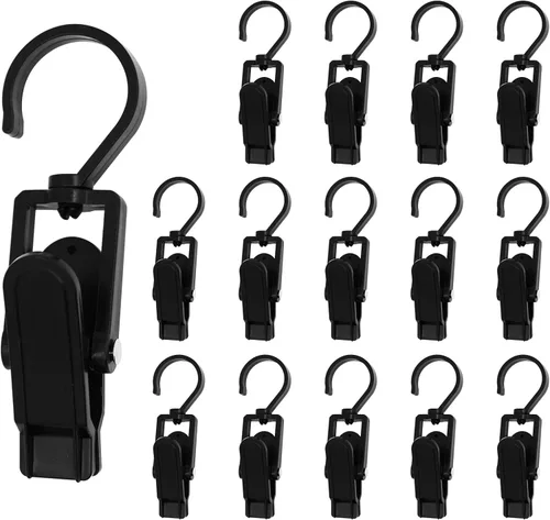 15 ganchos giratorios de plástico para colgar la ropa sucia, clips de cortina, color negro