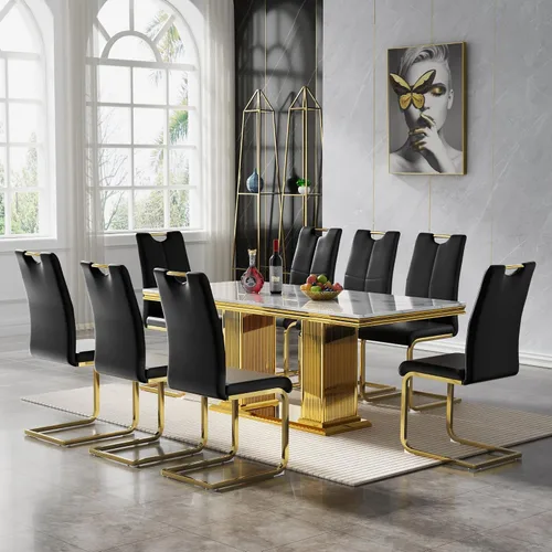 Miniatura 62 de 5 Piece Black Marble Dining Table Set for 4, Modern Faux Marble Kitchen Dining Room Tables with 4 Leather Chairs Set, 68.11" Luxury Rectangular