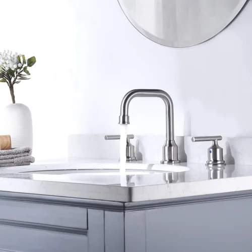 Miniatura 9 de WOWOW - Grifo de baño de alto arco de 8 pulgadas con dos llaves, diseño estándar, níquel cepillado, grifo de lavabo de 3 orificios, grifo giratorio