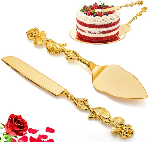Juego de cuchillo y servidor para pastel de boda, juego de corte de pastel dorado para boda, cortador de pastel de boda con rosas vintage y servidor