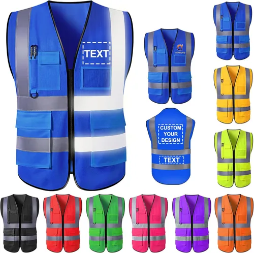Chaleco de seguridad personalizado para hombre, ropa de trabajo de protección de alta visibilidad, 5 bolsillos, clase 2 con tira reflectante Azul