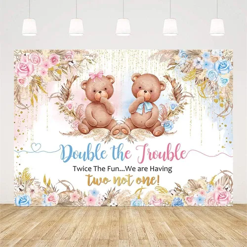 Miniatura 2 de AIBIIN Fondo de 7 x 5 pies, diseño de oso doble The Trouble Baby Shower It's Twins, decoración de fiesta de baby shower, dos veces la diversión
