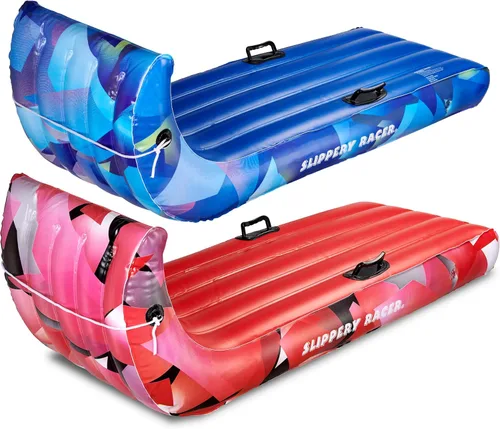 Slippery Racer Trineo de nieve inflable gigante para adultos y niños, duradero, resistente, paquete de 2 unidades rojo y azul, 60 pulgadas