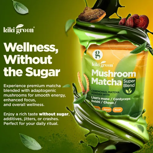 Miniatura 2 de KIKI Green Mushroom Matcha Powder Super Blend 4 oz – Alternativa de café de hongos para una mejor energía, concentración e inmunidad – con melena