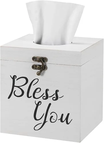 Bless You - Funda para caja de pañuelos de madera, color blanco rústico, cuadrado, soporte para papel higiénico de granja o servilletero para mesa