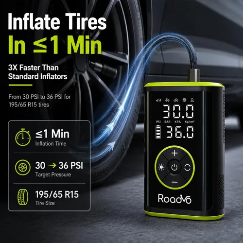 Miniatura 3 de Roadvo [10000 mAh] Inflador de neumáticos Compresor de aire portátil - Bomba de aire eléctrica inalámbrica 150PSI 3 veces más rápida para neumáticos