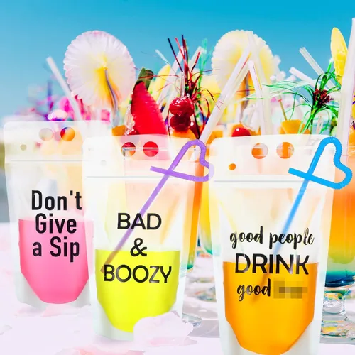 Miniatura 4 de 40 bolsas de bebidas con pajitas, bolsas de plástico para bebidas con cremallera, bolsas de jugo transparentes para fiestas, reutilizables, bolsas