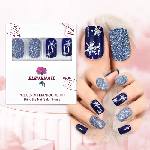 Miniatura 2 de ELEVENAIL Uñas postizas a presión de Navidad con purpurina azul oscuro, diseño de copo de nieve y diamantes de imitación de Navidad, longitud media