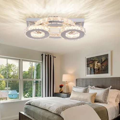Miniatura 4 de Lámpara de techo de cristal regulable, moderna lámpara de techo de cristal de 3 anillos LED de montaje empotrado para comedor, dormitorio, sala