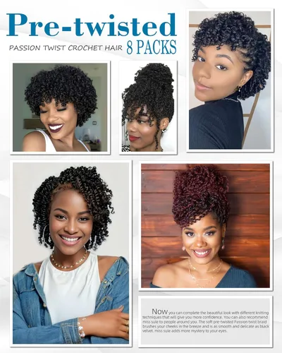 Miniatura 6 de Cabello de Ganchillo Pre-Retorcido Passion Twist para Mujeres Negras y Niños, Cabello Passion Twist Pre-Enrollado Trenzas Bohemias 4 Pulgadas 8