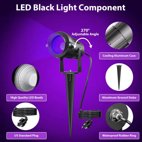 Miniatura 5 de Onforu Foco de luz negra de 18 W para exteriores, IP65 impermeable, longitud de onda de 385-400 nm, luces negras de Halloween enchufables