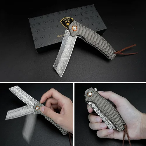 Miniatura 7 de Cuchillo de bolsillo AUBEY de Damasco, hoja de acero de Damasco de 3.34" con molino hueco, cuchillo plegable con rodamiento de bola, mango