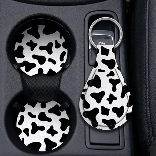 Miniatura 4 de Zadin - Juego de 4 piezas de fundas para volante con estampado de vaca con 2 portavasos para automóvil y llavero, funda universal antideslizante