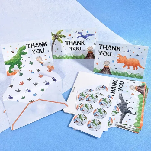 Miniatura 6 de WERNNSAI 24 tarjetas de agradecimiento de dinosaurio, decoraciones de fiesta de dinosaurios, tarjetas de agradecimiento para niños con sobres, Niño
