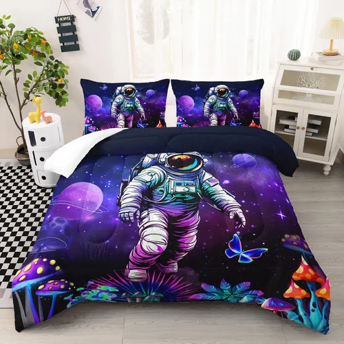 Miniatura 12 de AILONEN Juego de edredón de gato astronauta, tamaño individual, hermoso juego de ropa de cama cósmico estrellado para dormitorio, juego de edredón
