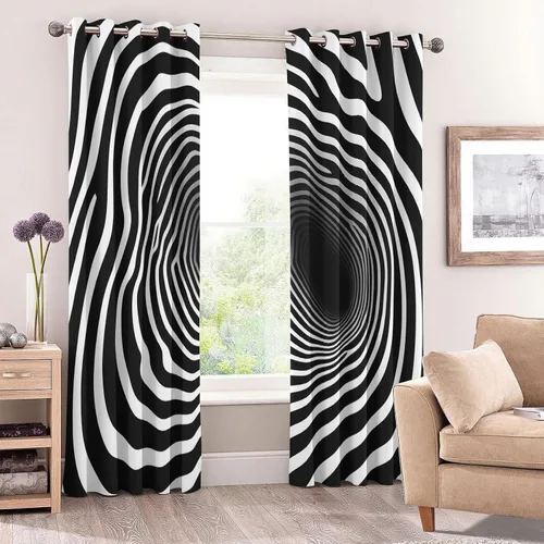 Miniatura 3 de Cortinas de ilusión óptica de 39 pulgadas de largo, juego de 2 paneles, cortinas negras y blancas para decoración de dormitorio, sala de estar