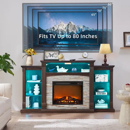 Miniatura 5 de SAVOR LIFE Soporte de TV con Chimenea para TV de 80'', Chimenea Eléctrica de 70" con Repisa, Centro de Entretenimiento Estilo Granja de 39" de Alto