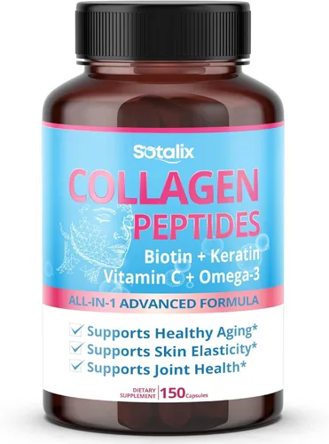 Péptidos de colágeno con biotina + queratina, vitamina C + Omega 3 - Piel radiante, articulaciones saludables, uñas (suministro para 150 días)
