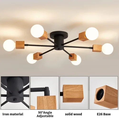 Miniatura 4 de Lámpara de techo de madera semiempotrada, 6 luces, lámpara Sputnik de madera rústica, iluminación de techo estilo granja, roble y negro con E26