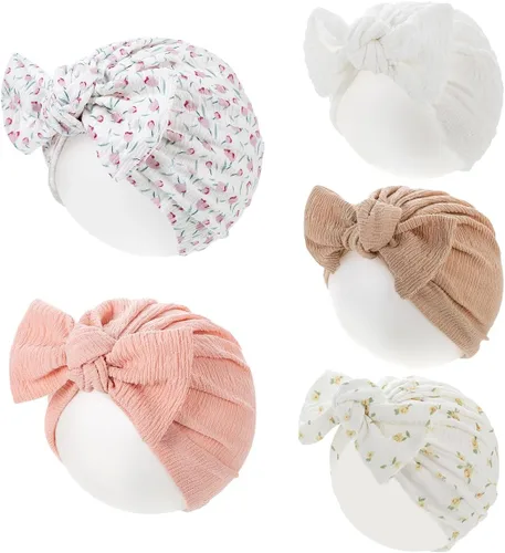 Miniatura 13 de Newborn Babies Headwrap Hat Infant Toddler Cotton Soft Cute Nursery Beanie Headbands Top Bowknot Cap 5 piezas flor/3-3 años