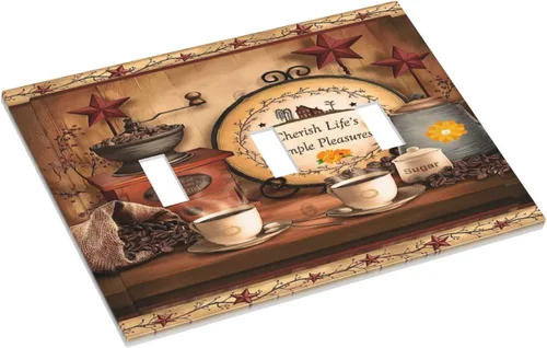 Miniatura 3 de Farmhouse Coffee Primitive Coffee Bean Kitchen 3 Gang Triple Interruptor de Luz de Palanca Cubierta de Placa de Pared Placa Frontal Eléctrica Café