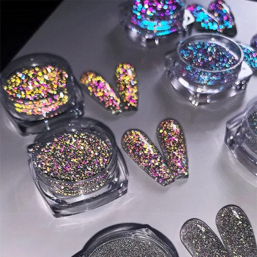 6 colores para arte de uñas Gliiter holográfico en copos de uñas para arte de uñas, polvo de uñas reflectante con purpurina para mujeres y niñas