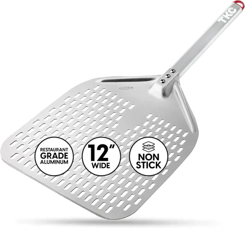 Miniatura 9 de TKC Pala Perforada para Pizza - Volteador de Pizza de Metal de 12 pulgadas compatible con Hornos Ooni, Uso Interior y Exterior, Mango Duradero