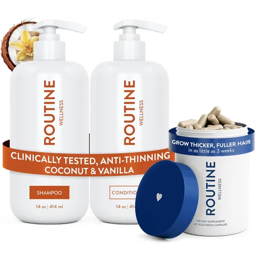 Miniatura 19 de Routine Wellness Set de champú y acondicionador antiadelgazamiento para cabello adelgazante - Biotin DHT Blocker Mujeres y Hombres - Champú seguro