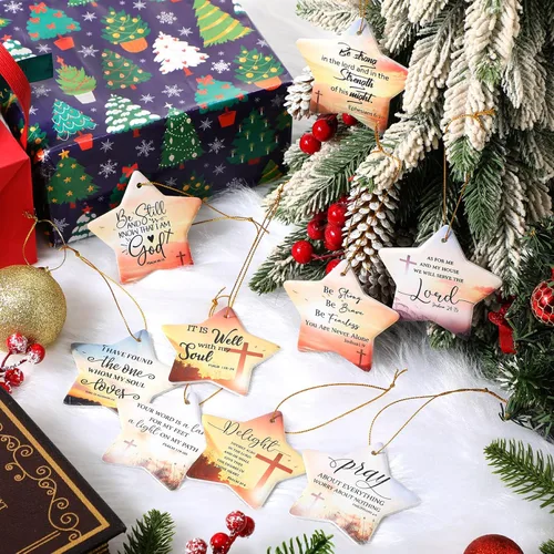 Miniatura 4 de Barydat 18 adornos de Navidad cristianos, versículo de la Biblia, adornos de cerámica para árbol de Navidad, en forma de estrella, escritura