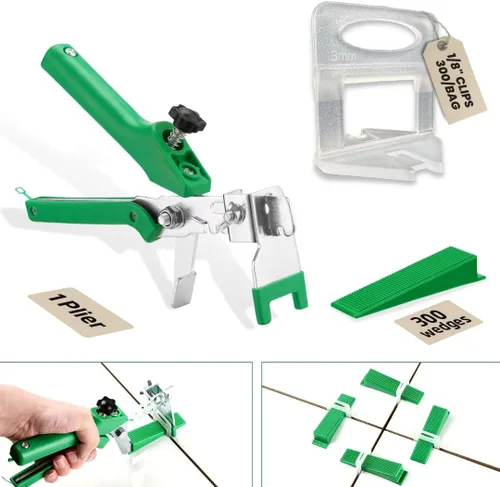 Sistema de nivelación de azulejos con 1 alicate, 300 cuñas, 300 clips de 1/8 pulgadas, kit de sistema de nivelación espaciador de azulejos para una