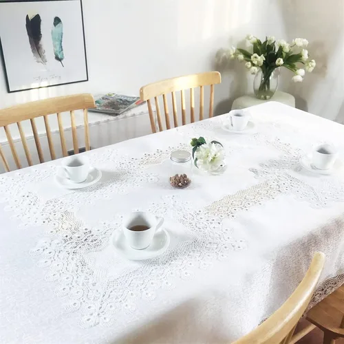 Miniatura 12 de Mantel de encaje para mesas de comedor redondas de 70 pulgadas, diseño de peonías blancas, vintage, para fiestas, bodas, tela lavable para banquetes