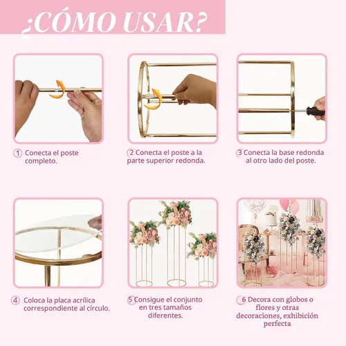Miniatura 5 de 3 soportes de pedestal cilíndrico para fiestas, soportes cilíndricos redondos de metal dorado para flores de fiesta, columnas de exhibición, soporte