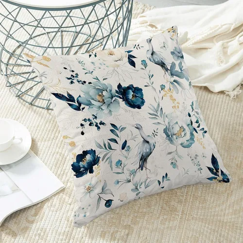 Miniatura 4 de AEIOAE Fundas de Almohada de Primavera de 16x16 Pulgadas Juego de 2, Azul Marino Aguamarina Verde Azulado Vintage con Flores y Pájaros Fundas