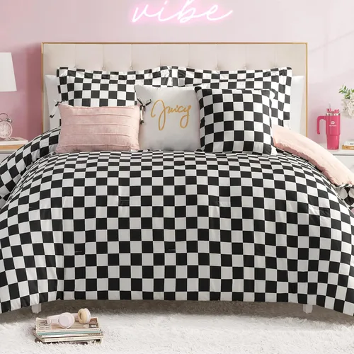 Miniatura 12 de Juego de edredón reversible de cuadros de Juicy Couture, juego de 5 piezas tamaño individual/individual XL, negro/rosa intenso