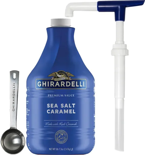 Miniatura 10 de Ghirardelli Salsa de caramelo, botella de 87.3 onzas (5 libras 7.3 onzas) con cuchara y bomba de barista estampada Ghirardelli