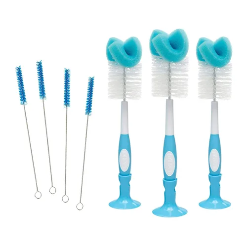 Dr. Brown's Cepillo de limpieza de biberones de esponja reutilizable, azul, paquete de 3 + cepillo de limpieza de ventilación anticólico, sin BPA,